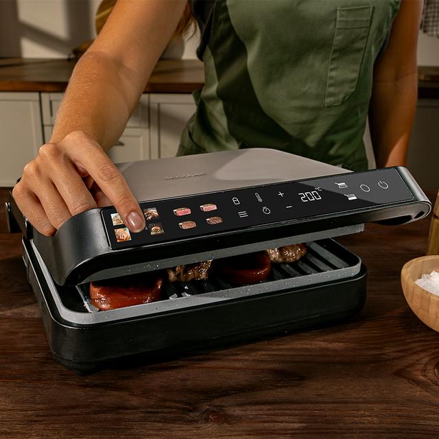 Rock'nGrill 2000 PerfectCook Griglia elettrica da 2000 W con sonda di temperatura, piastre rimovibili con rivestimento RockStone lavabili in lavastoviglie e apertura fino a 105º.