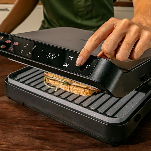 Rock'nGrill 2000 PerfectCook Griglia elettrica da 2000 W con sonda di temperatura, piastre rimovibili con rivestimento RockStone lavabili in lavastoviglie e apertura fino a 105º.