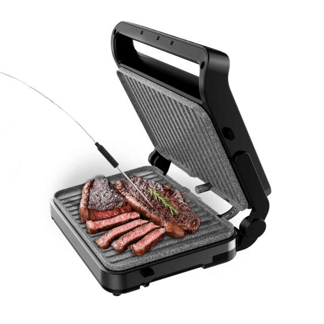 Rock'nGrill 2000 PerfectCook Griglia elettrica da 2000 W con sonda di temperatura, piastre rimovibili con rivestimento RockStone lavabili in lavastoviglie e apertura fino a 105º.