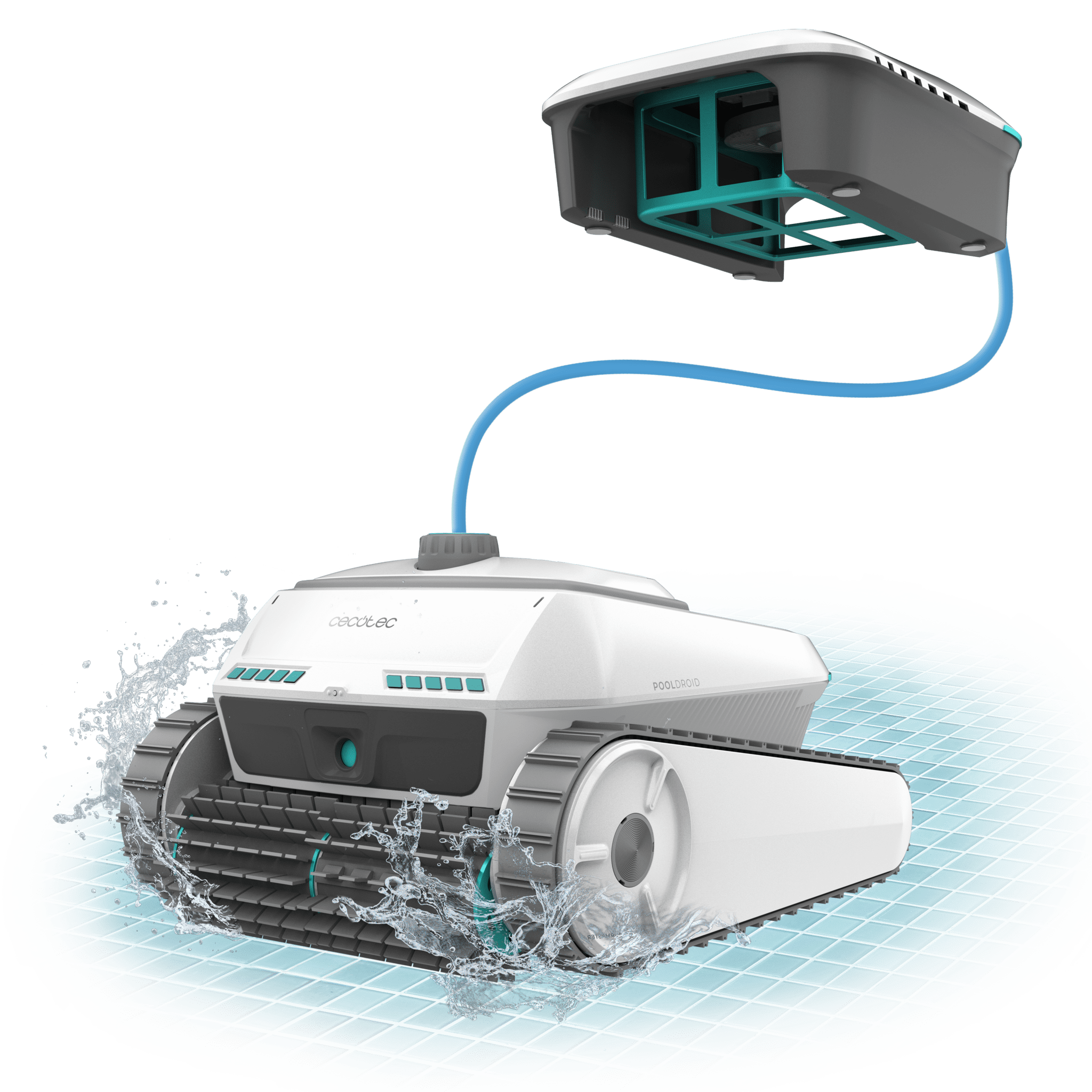 Conga Pooldroid 10000 TotalClean AquaSkater Robot limpa-piscinas para fundos, paredes, linha de água e superfície. Adequado para superfícies de até 300 m2. ScubaDriving Tech, limpeza organizada. 150 minutos de autonomia. Filtro de alta eficiência de 180 μm. Capacidade de 4 L. Boia para a limpeza da superfície. Controlo por APP e comando à distância. 4 motores.