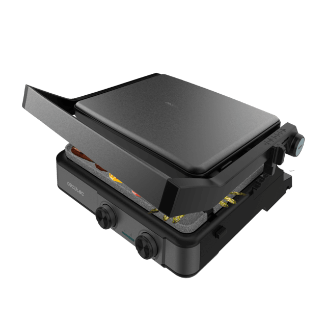 Rock’nGrill 2200 Dual Parrilla eléctrica de 2200 W con control de temperatura en cada plancha de forma independiente, placas reversibles  y apertura de 180º.
