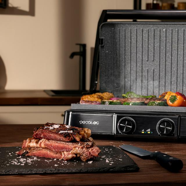 Rock’nGrill 2200 Dual Parrilla eléctrica de 2200 W con control de temperatura en cada plancha de forma independiente, placas reversibles  y apertura de 180º.