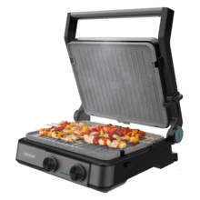 Rock’nGrill 2200 Dual Parrilla eléctrica de 2200 W con control de temperatura en cada plancha de forma independiente, placas reversibles  y apertura de 180º.