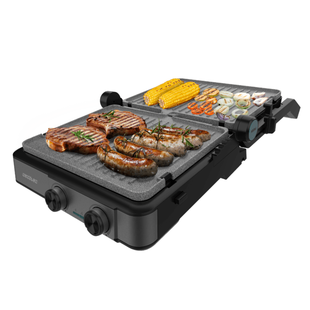 Rock’nGrill 2200 Dual Parrilla eléctrica de 2200 W con control de temperatura en cada plancha de forma independiente, placas reversibles  y apertura de 180º.