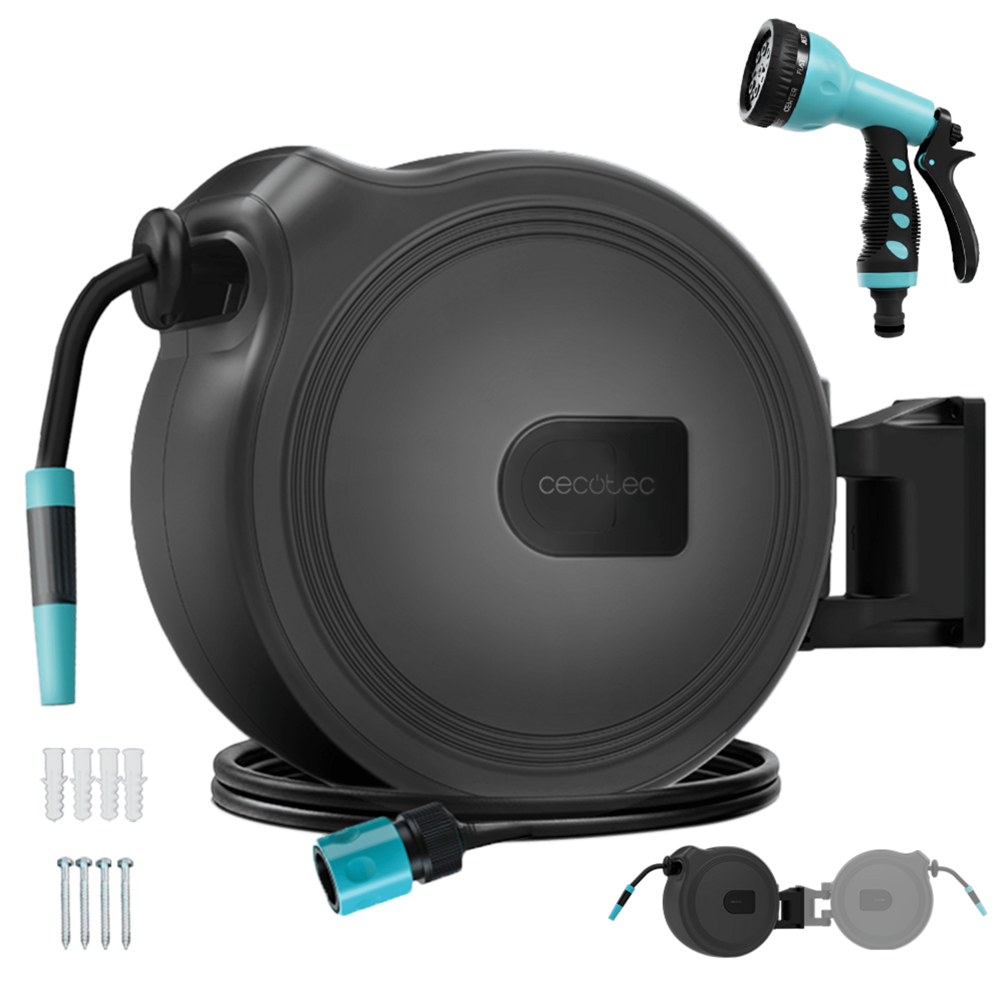 HydroShell 10 10-m-Schlauchtrommel. SlowReturn-Technologie. Tragbares und ergonomisches Design. Inklusive einfacher Düse und einer 8-Funktionen-Spritzpistole. 3-in-1-Universalanschluss.