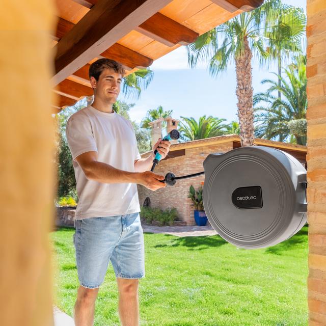 HydroShell 30 Tambor de manguera de 30m. SlowReturn Technology. Diseño portátil y ergonómica. Incluye boquilla simple y pistola pulverizadora de 8 funciones. Conexión universal 3in1.