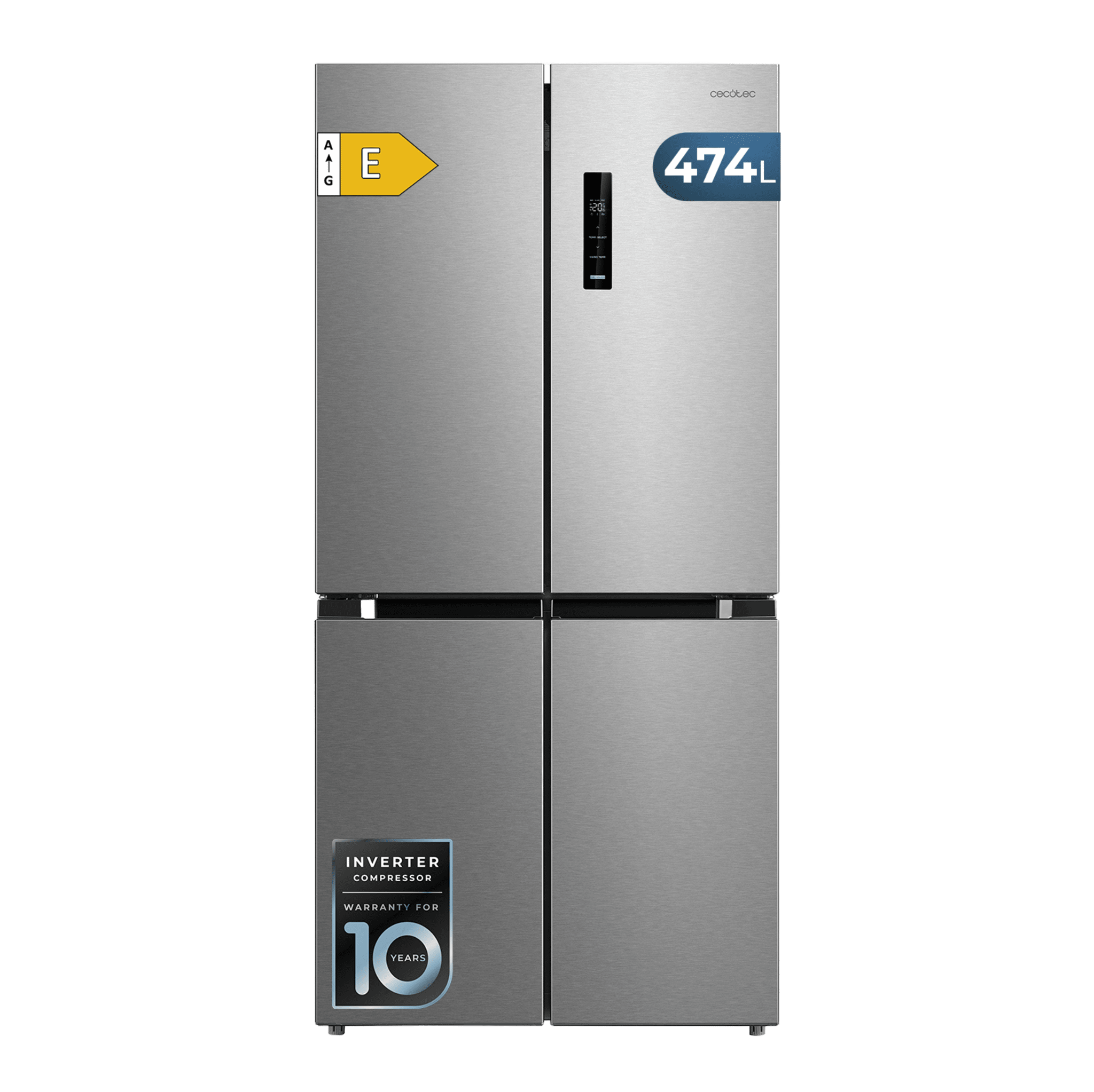 Bolero CoolMarket 4D 474 Inox E Frigorífico de 4 portas em inox com uma grande capacidade de 474 L, 177,5 cm de altura e 83,3 cm de largura, gaveta de temperatura variável, abertura de porta a 90º e compressor Inverter Plus. Além disso, é ultrassilencioso (35 dB) e conta com distintos modos como Fast Cooling e Fast Freezing, assim como sistemas como MultiAirFlow, sensores de temperatura e Total NoFrost.