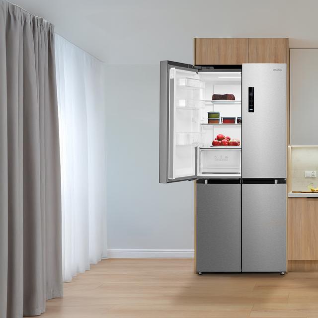 Bolero CoolMarket 4D 474 Inox E Frigorífico 4 puertas inox con una gran capacidad de 474 L, 177,5 cm de alto y 83,3 cm de ancho, cajón temperatura variable, apertura puerta 90º y compresor Inverter Plus. Además, es ultra silencioso (35 dB) y cuenta con distintos modos como Fast Cooling y Fast Freezing, así como sistemas como MultiAirFlow, sensores de temperatura y Total NoFrost.