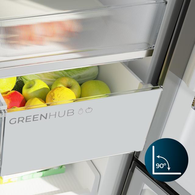 Bolero CoolMarket 4D 474 Inox E Frigorífico 4 puertas inox con una gran capacidad de 474 L, 177,5 cm de alto y 83,3 cm de ancho, cajón temperatura variable, apertura puerta 90º y compresor Inverter Plus. Además, es ultra silencioso (35 dB) y cuenta con distintos modos como Fast Cooling y Fast Freezing, así como sistemas como MultiAirFlow, sensores de temperatura y Total NoFrost.
