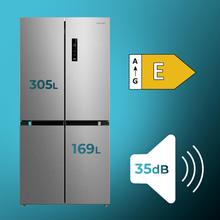 Bolero CoolMarket 4D 474 Inox E Frigorífico 4 puertas inox con una gran capacidad de 474 L, 177,5 cm de alto y 83,3 cm de ancho, cajón temperatura variable, apertura puerta 90º y compresor Inverter Plus. Además, es ultra silencioso (35 dB) y cuenta con distintos modos como Fast Cooling y Fast Freezing, así como sistemas como MultiAirFlow, sensores de temperatura y Total NoFrost.
