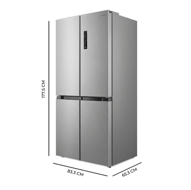 Bolero CoolMarket 4D 474 Inox E Frigorífico 4 puertas inox con una gran capacidad de 474 L, 177,5 cm de alto y 83,3 cm de ancho, cajón temperatura variable, apertura puerta 90º y compresor Inverter Plus. Además, es ultra silencioso (35 dB) y cuenta con distintos modos como Fast Cooling y Fast Freezing, así como sistemas como MultiAirFlow, sensores de temperatura y Total NoFrost.