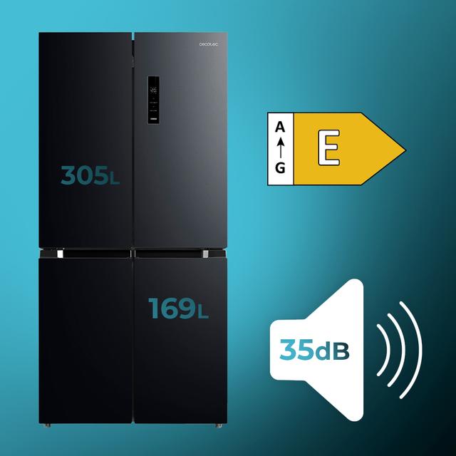 Bolero CoolMarket 4D 474 Dark E Frigorífico 4 puertas inox negro con una gran capacidad de 474 L, 177,5 cm de alto y 83,3 cm de ancho, cajón temperatura variable, apertura puerta 90º y compresor Inverter Plus. Además, es ultra silencioso (35 dB) y cuenta con distintos modos como Fast Cooling y Fast Freezing, así como sistemas como MultiAirFlow, sensores de temperatura y Total NoFrost.