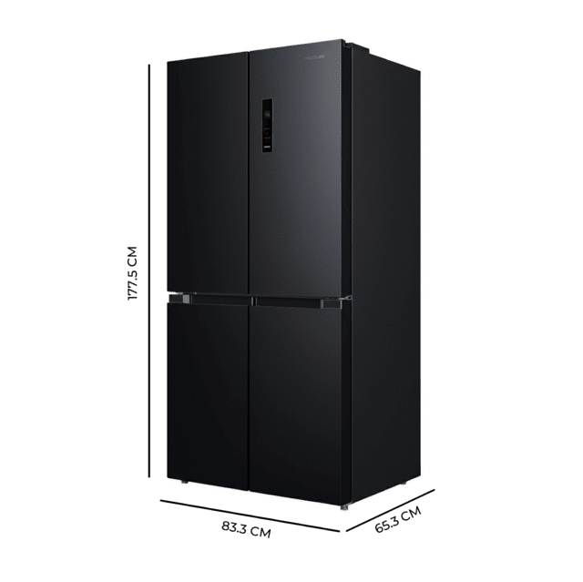Bolero CoolMarket 4D 474 Dark E Frigorífico 4 puertas inox negro con una gran capacidad de 474 L, 177,5 cm de alto y 83,3 cm de ancho, cajón temperatura variable, apertura puerta 90º y compresor Inverter Plus. Además, es ultra silencioso (35 dB) y cuenta con distintos modos como Fast Cooling y Fast Freezing, así como sistemas como MultiAirFlow, sensores de temperatura y Total NoFrost.