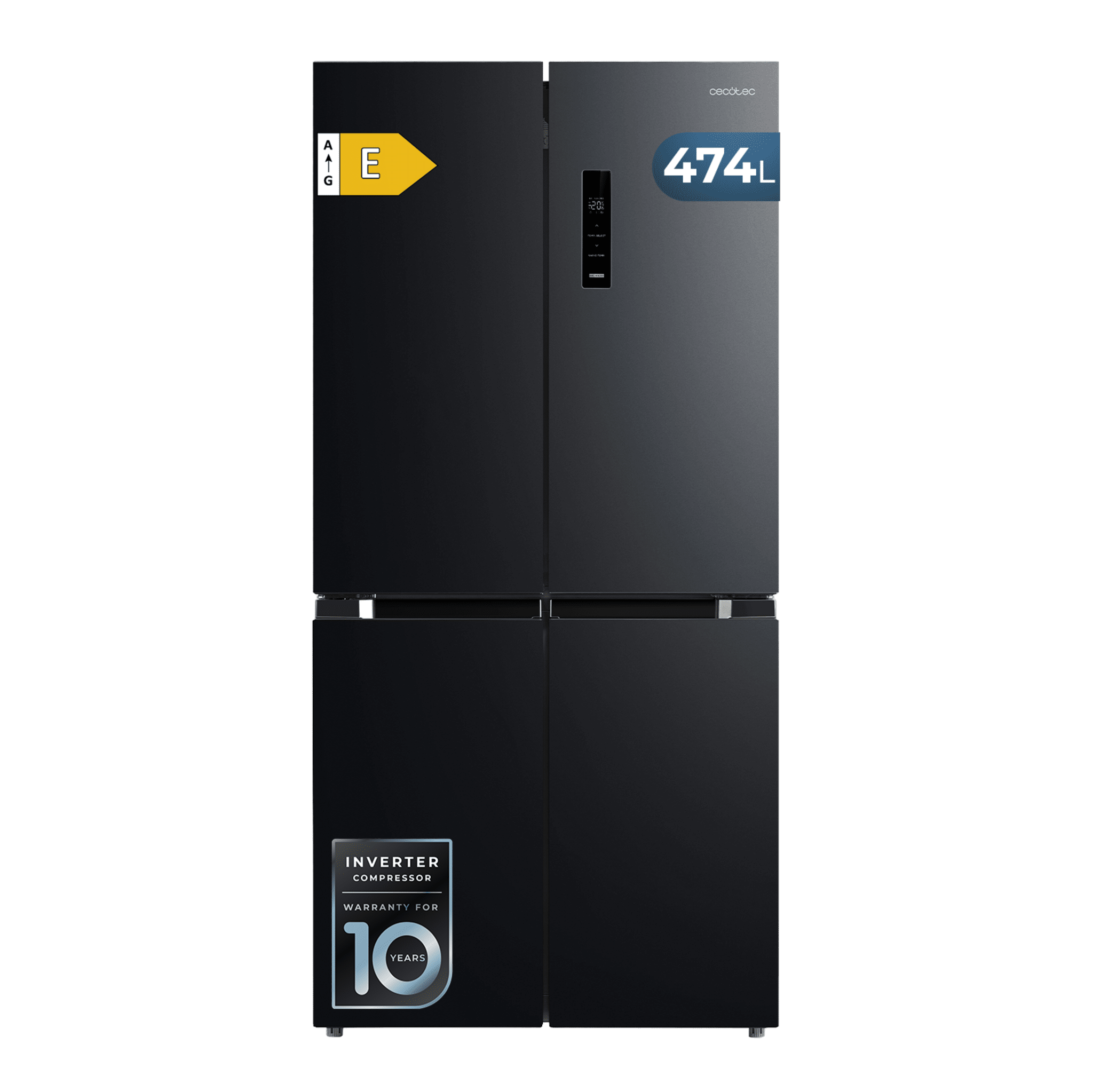 Bolero CoolMarket 4D 474 Dark E Réfrigérateur à 4 portes inox noir d'une capacité de 474 litres, 177,5 cm de hauteur, 83,3 cm de largeur, tiroir à température variable, ouverture de la porte à 90º et compresseur Inverter Plus. De plus, il est ultra-silencieux (35 dB) et dispose de différents modes tels que Fast Cooling et Fast Freezing, ainsi que de systèmes tels que MultiAirFlow, des capteurs de température et Total NoFrost.