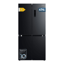 Bolero CoolMarket 4D 474 Dark E Frigorífico 4 puertas inox negro con una gran capacidad de 474 L, 177,5 cm de alto y 83,3 cm de ancho, cajón temperatura variable, apertura puerta 90º y compresor Inverter Plus. Además, es ultra silencioso (35 dB) y cuenta con distintos modos como Fast Cooling y Fast Freezing, así como sistemas como MultiAirFlow, sensores de temperatura y Total NoFrost.
