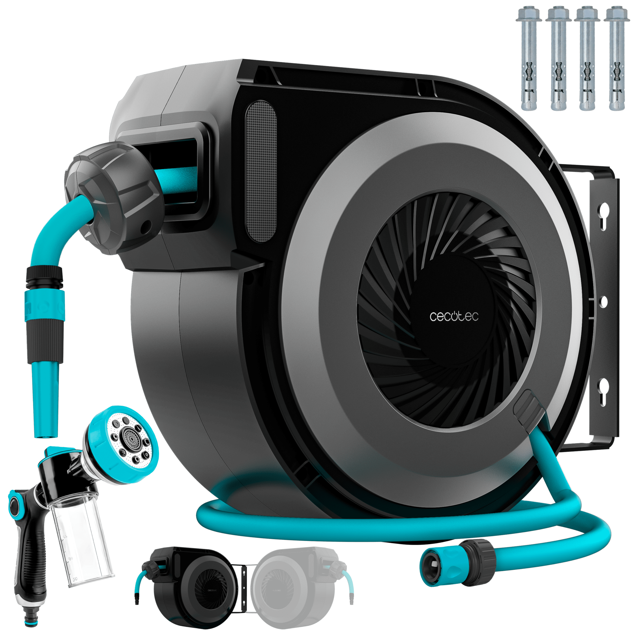 HydroShell 100 Pro10 m langer Wasserschlauchaufroller. Automatischer Aufroller mit SlowReturn- und Smooth‑Technologie. Tragbares und ergonomisches Design. Inklusive Sprühpistole mit integriertem Reinigungsmitteltank und 8 Sprühfunktionen.