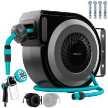 HydroShell 100 Pro Carrete de manguera de 10m. Enrollador automático con SlowReturn y Smooth Technology. Diseño portátil y ergonómico. Incluye pistola pulverizadora con tanque para jabón y 8 funciones.