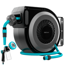 HydroShell 100 Pro Carrete de manguera de 10m. Enrollador automático con SlowReturn y Smooth Technology. Diseño portátil y ergonómico. Incluye pistola pulverizadora con tanque para jabón y 8 funciones.