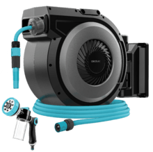 HydroShell 300 Pro Carrete de manguera de 30m. Enrollador automático con SlowReturn y Smooth Technology. Diseño portátil y ergonómico. Incluye pistola pulverizadora con tanque para jabón y 8 funciones.