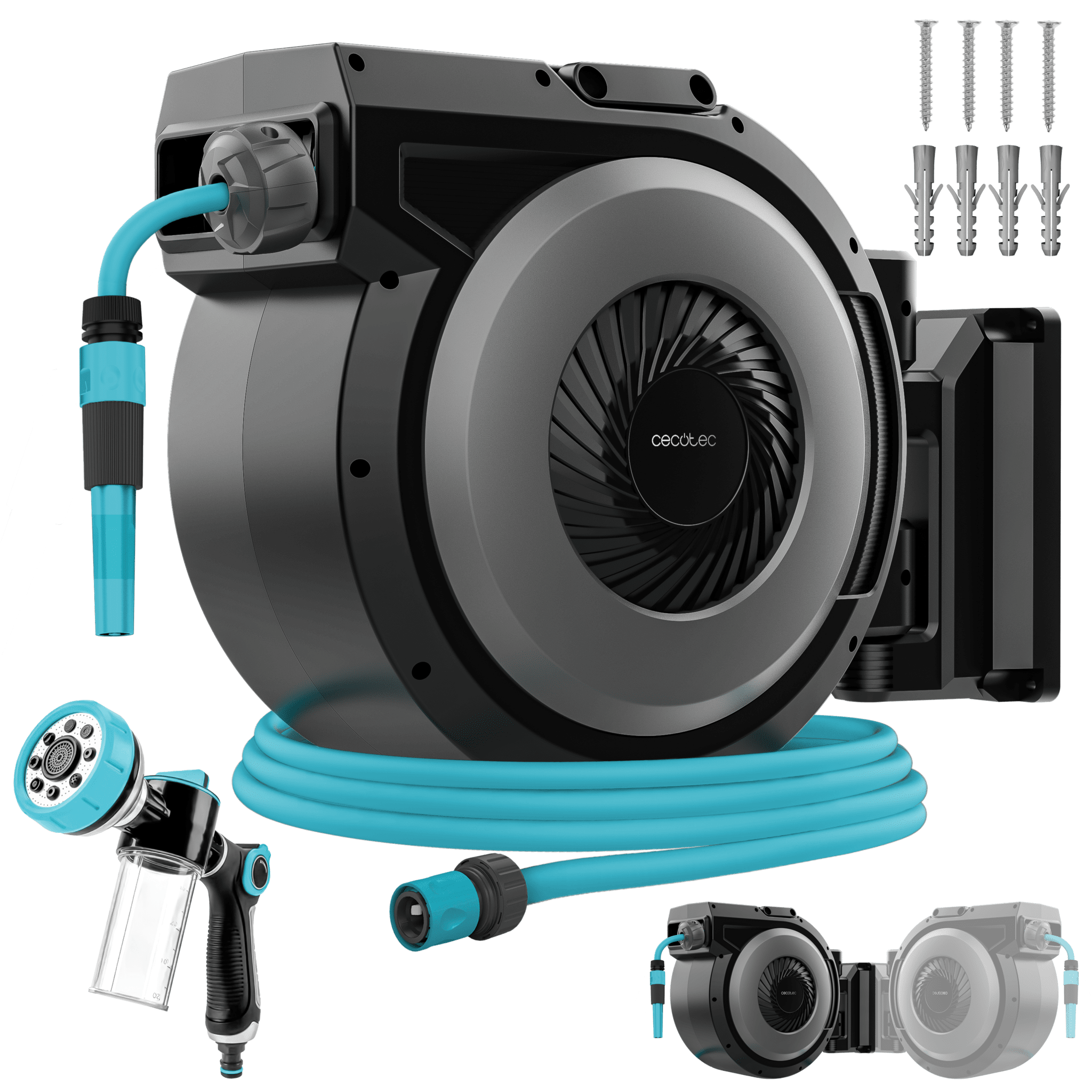 HydroShell 300 Pro 30 m langer Wasserschlauchaufroller. Automatischer Aufroller mit SlowReturn- und Smooth‑Technologie. Tragbares und ergonomisches Design. Inklusive Sprühpistole mit integriertem Reinigungsmitteltank und 8 Sprühfunktionen.