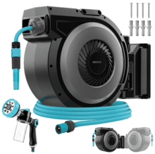 HydroShell 300 Pro Carrete de manguera de 30m. Enrollador automático con SlowReturn y Smooth Technology. Diseño portátil y ergonómico. Incluye pistola pulverizadora con tanque para jabón y 8 funciones.