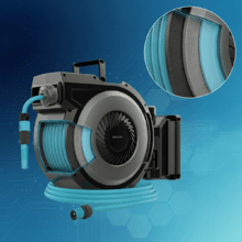 HydroShell 300 Pro 30 m langer Wasserschlauchaufroller. Automatischer Aufroller mit SlowReturn- und Smooth‑Technologie. Tragbares und ergonomisches Design. Inklusive Sprühpistole mit integriertem Reinigungsmitteltank und 8 Sprühfunktionen.