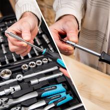 ToolBox KRK 6200 Valigetta da 216 pezzi. Include 3 misure di cricchetto a 72 denti. Chiavi a bussola CRV e punte S2. Bussole per cerchi. Chiavi fisse. 4 fibbie di chiusura in metallo.