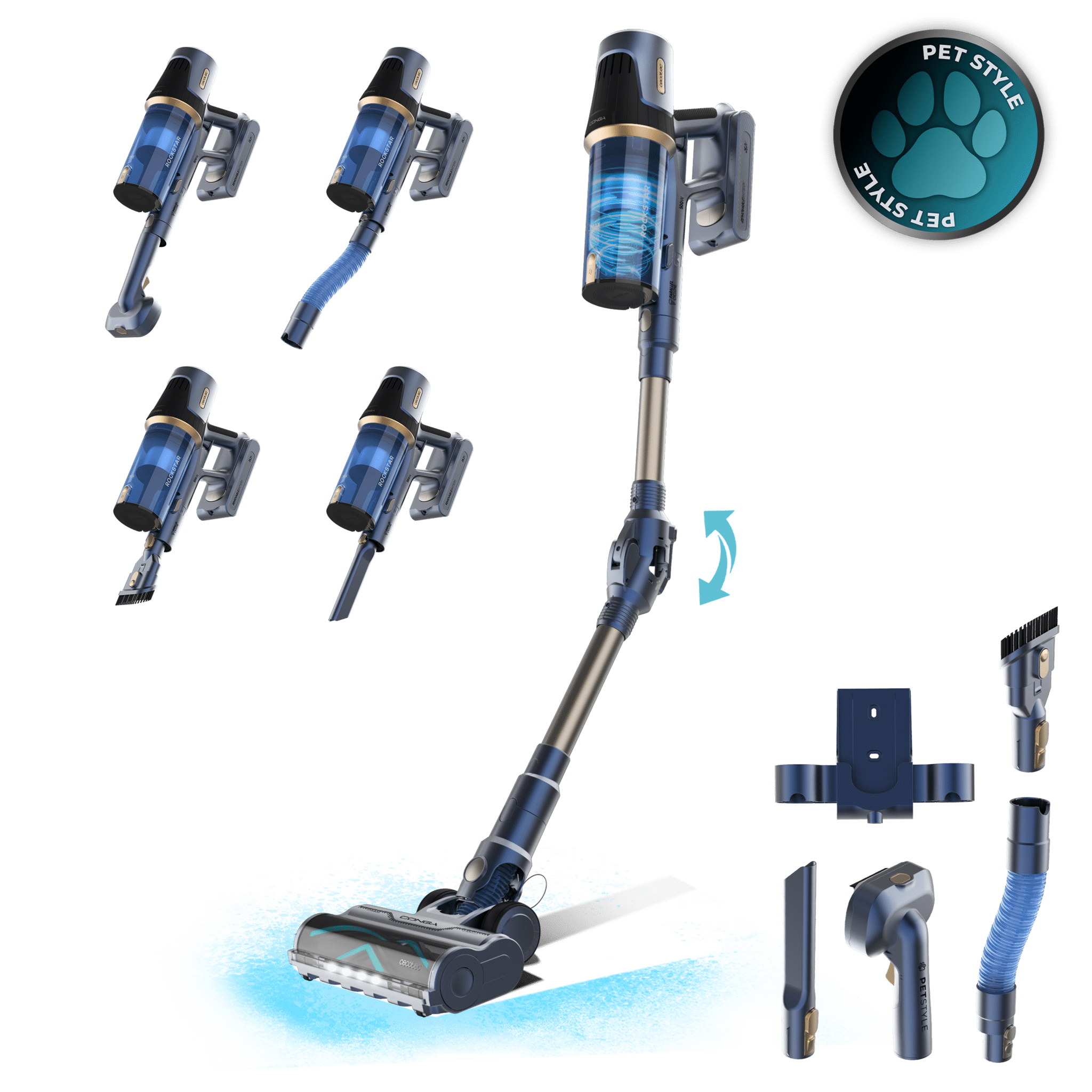 Conga Rockstar RS70 Pet Flex Aspirador vertical BLDC. 500 W e 150 AW de potência de sucção. Modo Auto. Escova para animais e tubo flexível. Limpa até 140 m2 sem interrupções no modo Eco.