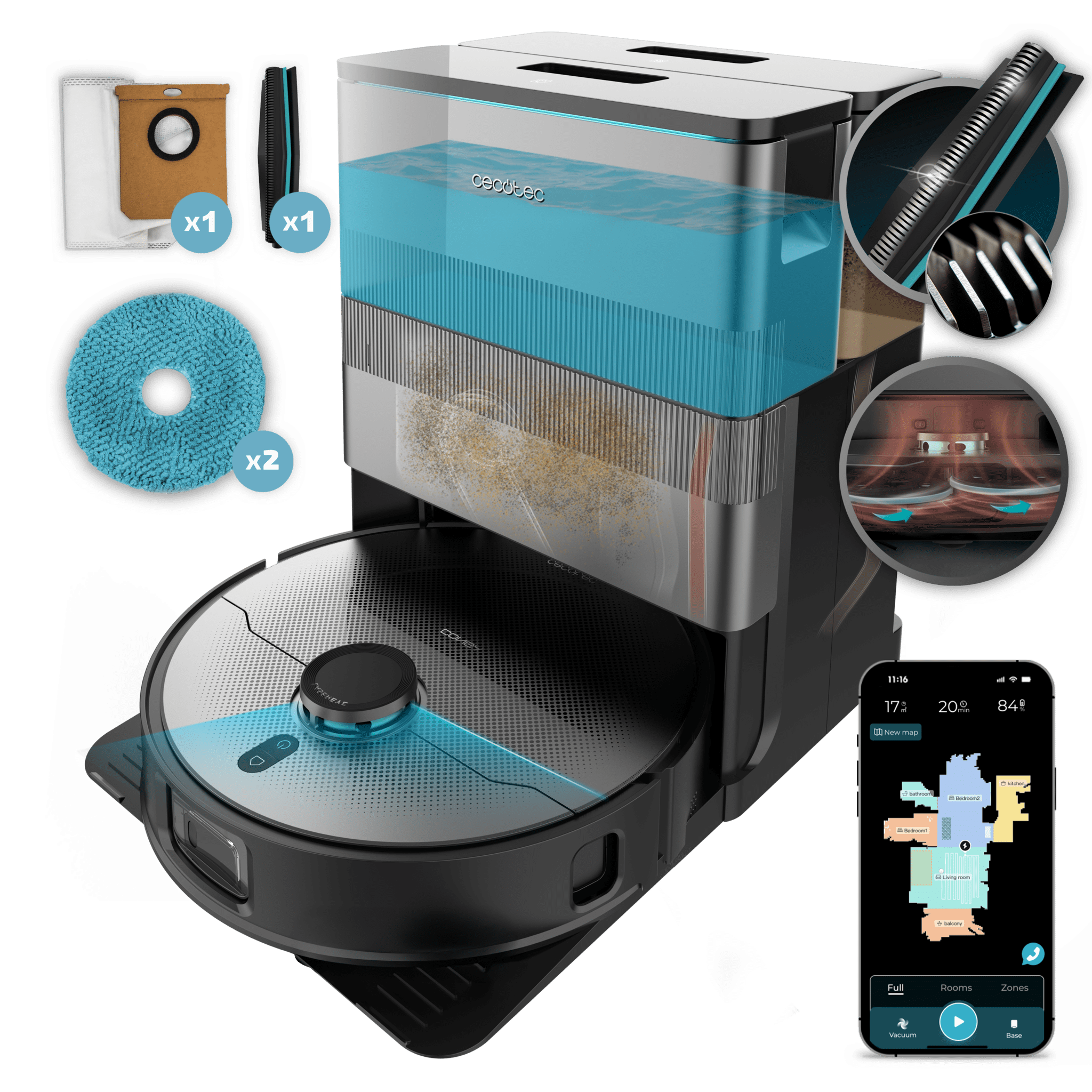 Robot aspirapolvere Conga X100 con sistema di pulizia adattivo. Potenza di aspirazione 20.000 Pa, base 4 in 1 con disinfezione. Intelligenza artificiale con telecamera. Mocio rotante sollevabile. Spazzola laterale e mocio estensibile. App con gestione video.