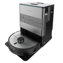Aspirador de pó robô Conga X100 com sistema de limpeza adaptável. Potência de sucção de 20.000 Pa, base 4 em 1 com desinfecção. Inteligência artificial com câmera. Mopas giratórias com elevação. Escova lateral e esfregão extensível. Aplicativo com gerenciador de vídeos.
