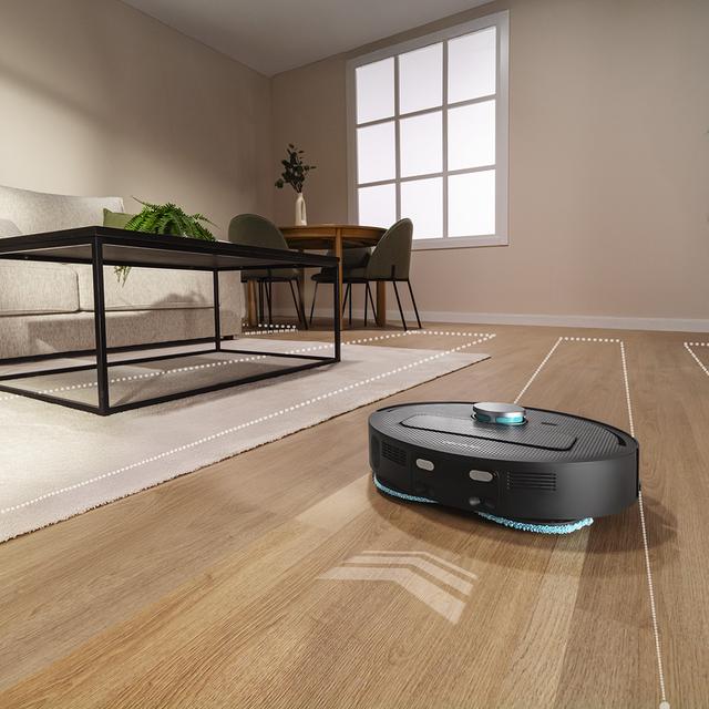 Conga X50 Robot aspirateur. Moteur d’aspiration de 15000 Pa. Base 4 en 1. Technologie laser. Tissus rotatifs. Brosse latérale. Application, connexion Bluetooth et Wi-Fi pour les réseaux de 2,4 GHz.