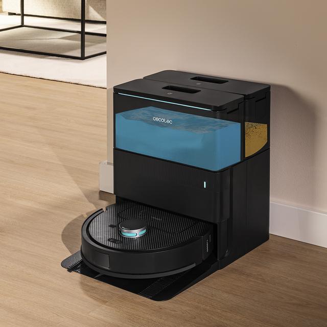 Conga X50 Robot aspirateur. Moteur d’aspiration de 15000 Pa. Base 4 en 1. Technologie laser. Tissus rotatifs. Brosse latérale. Application, connexion Bluetooth et Wi-Fi pour les réseaux de 2,4 GHz.