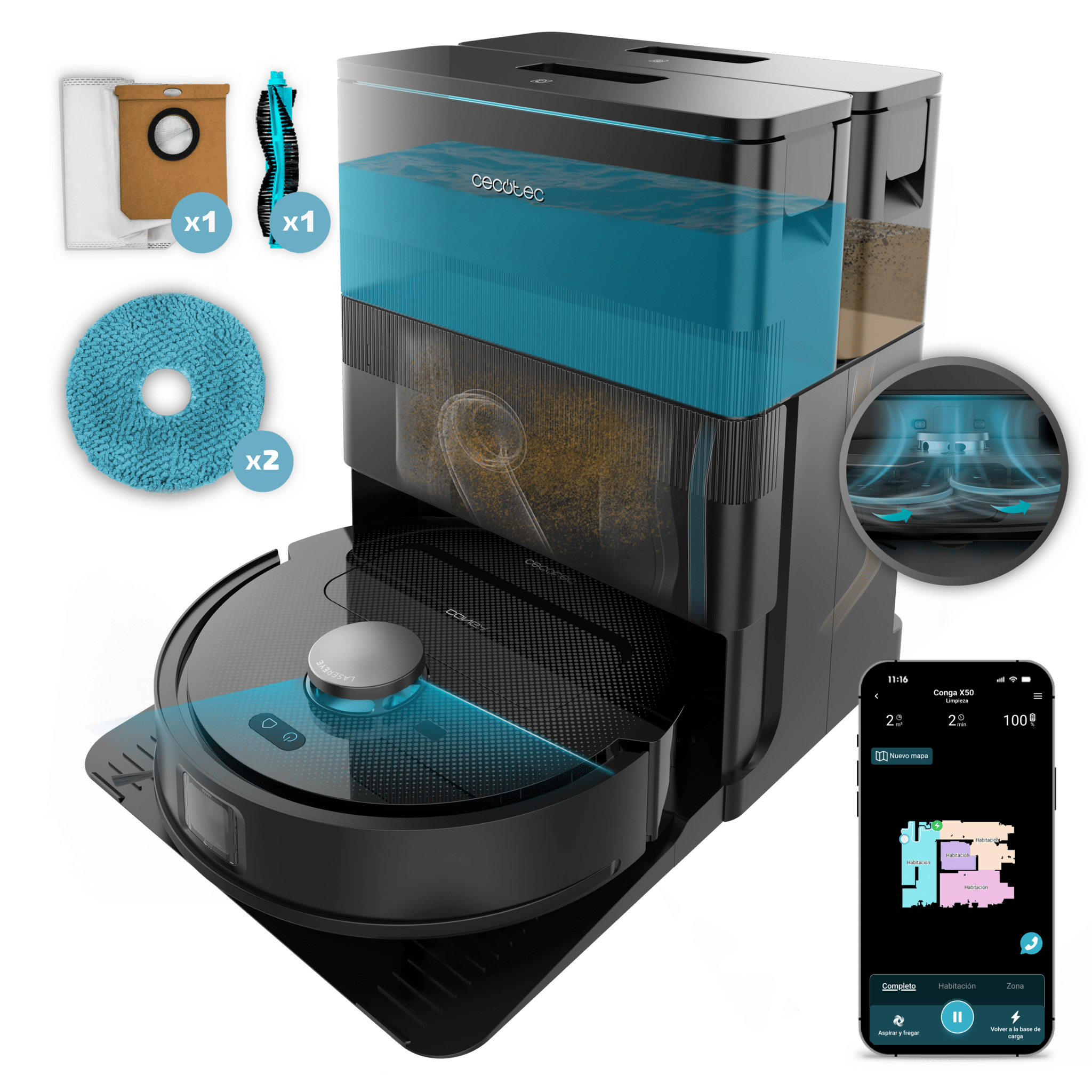 Conga X50 Robot aspirador con Motor de succión 15000 Pa. Base 4 en 1, navegación láser, mopas spin, cepillo lateral. Base total de autovaciado de polvo, agua y limpieza de las mopas. App y conexión Bluetooth y WiFi para redes 2,4 GHz.