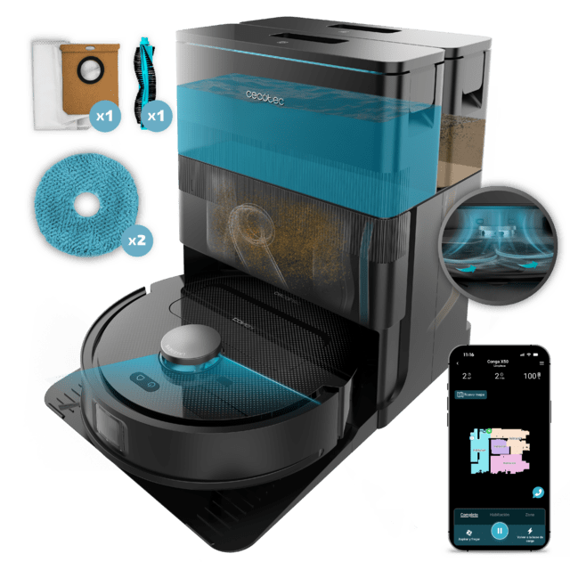 Conga X50 Robot aspirador con Motor de succión 15000 Pa. Base 4 en 1, navegación láser, mopas spin, cepillo lateral. Base total de autovaciado de polvo, agua y limpieza de las mopas. App y conexión Bluetooth y WiFi para redes 2,4 GHz.