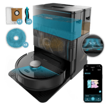 Conga X50 Robot aspirador con Motor de succión 15000 Pa. Base 4 en 1, navegación láser, mopas spin, cepillo lateral. Base total de autovaciado de polvo, agua y limpieza de las mopas. App y conexión Bluetooth y WiFi para redes 2,4 GHz.