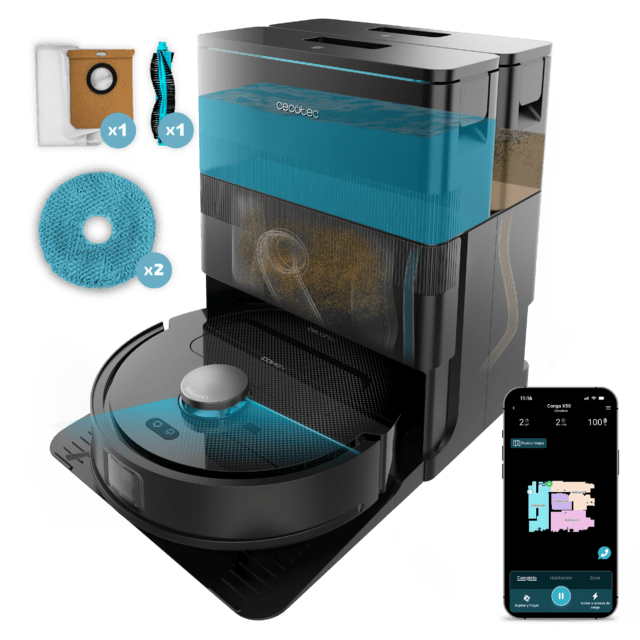 Conga X50 Robot aspirador con Motor de succión 15000 Pa. Base 4 en 1, navegación láser, mopas spin, cepillo lateral. Base total de autovaciado de polvo, agua y limpieza de las mopas. App y conexión Bluetooth y WiFi para redes 2,4 GHz.