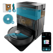 Conga X50 Robot aspirador con Motor de succión 15000 Pa. Base 4 en 1, navegación láser, mopas spin, cepillo lateral. Base total de autovaciado de polvo, agua y limpieza de las mopas. App y conexión Bluetooth y WiFi para redes 2,4 GHz.