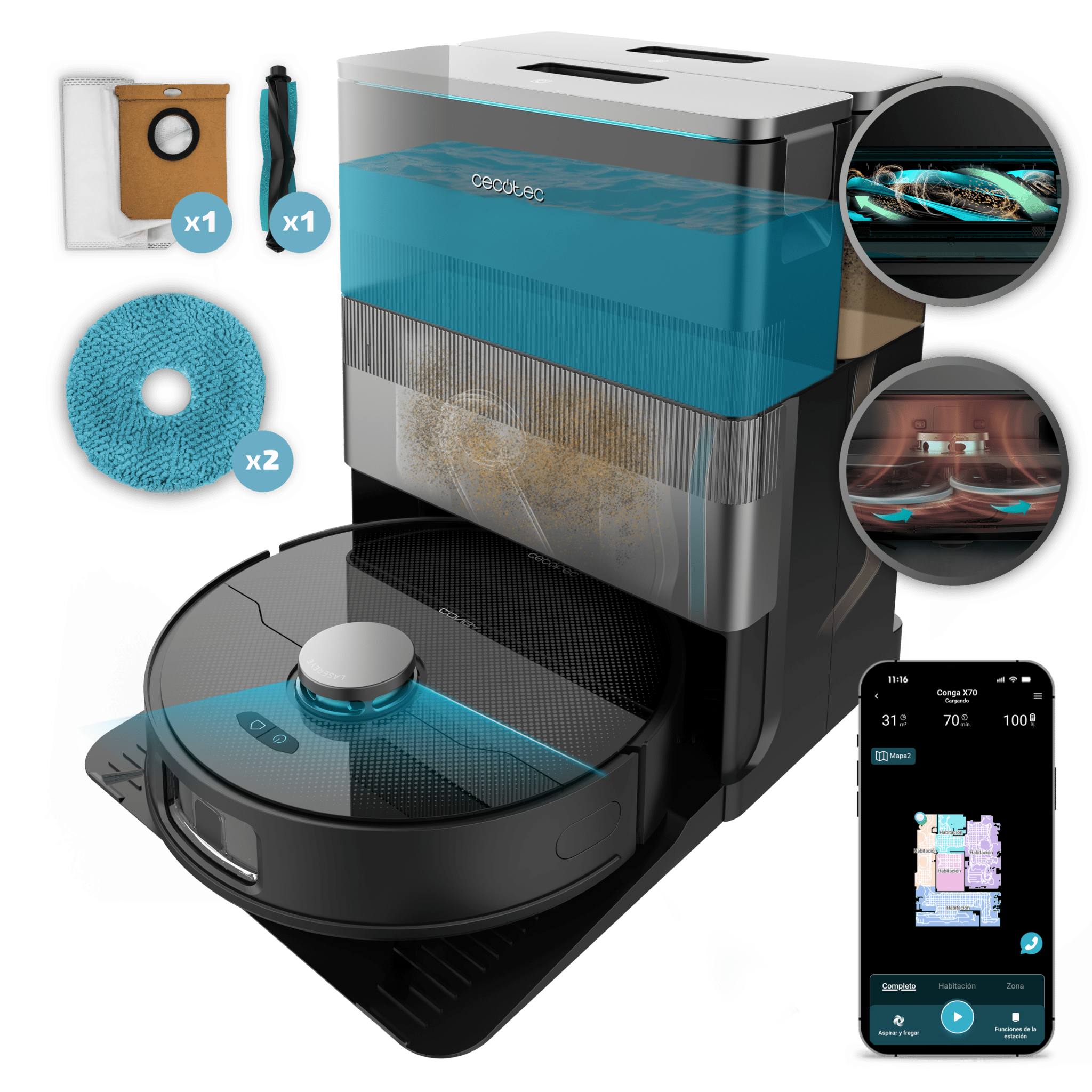 Conga X70 Robot aspirador con base autovaciado con Motor de succión 15000 Pa. Base 4 en 1. Tecnología láser e Inteligencia Artificial. Mopas giratorias. Cepillo lateral. App y conexión Bluetooth y WiFi para redes 2,4 GHz.