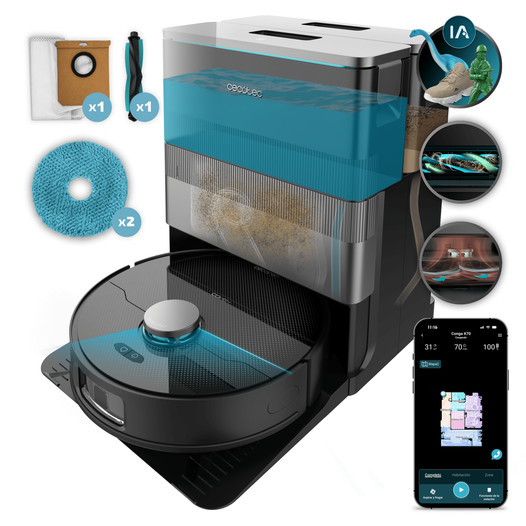 Conga X70 Robot aspirador con base autovaciado con Motor de succión 15000 Pa. Base 4 en 1. Tecnología láser e Inteligencia Artificial. Mopas giratorias. Cepillo lateral. App y conexión Bluetooth y WiFi para redes 2,4 GHz.