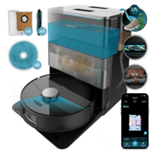 Conga X70 Robot aspirador con base autovaciado con Motor de succión 15000 Pa. Base 4 en 1. Tecnología láser e Inteligencia Artificial. Mopas giratorias. Cepillo lateral. App y conexión Bluetooth y WiFi para redes 2,4 GHz.