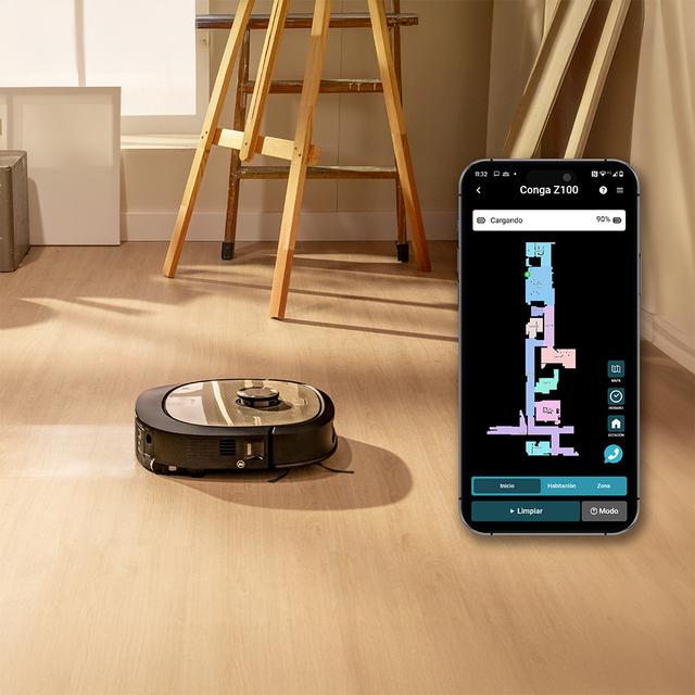Conga Z100 Robot aspirador especialista en fregado con tecnología AI LaserEye. Fregado profesional con su mopa bimaterial XXL. Base total de autovaciado de polvo, de agua y limpieza de las mopas.  20000 Pa de presión de succión. APP y vinculación con Bluetooth y rededs 2,4 y 5 Ghz.