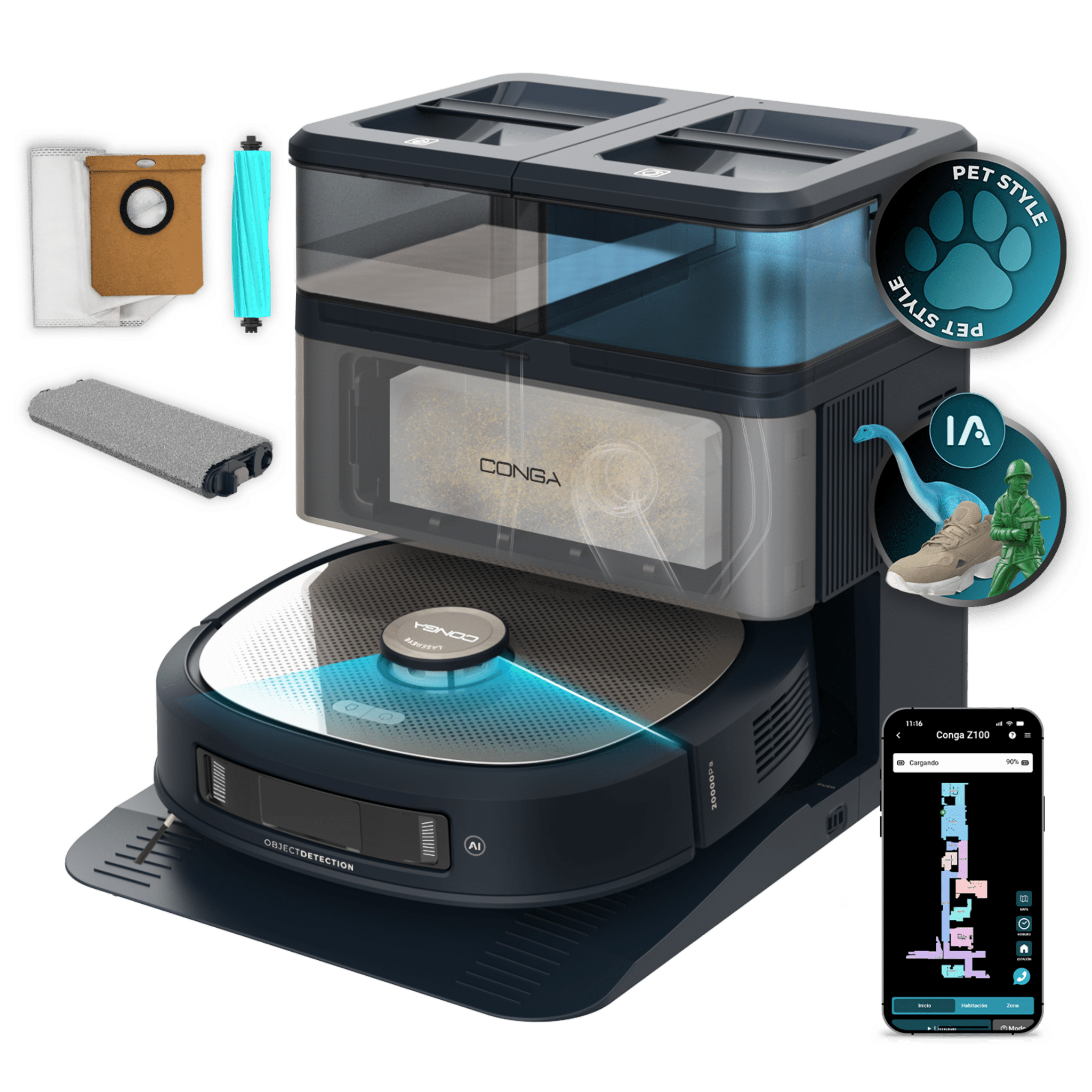 Conga Z100 Robot aspirador especialista en fregado con tecnología AI LaserEye. Fregado profesional con su mopa bimaterial XXL. Base total de autovaciado de polvo, de agua y limpieza de las mopas.  20000 Pa de presión de succión. APP y vinculación con Bluetooth y rededs 2,4 y 5 Ghz.