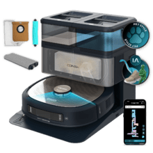 Conga Z100 Robot aspirador especialista en fregado con tecnología AI LaserEye. Fregado profesional con su mopa bimaterial XXL. Base total de autovaciado de polvo, de agua y limpieza de las mopas.  20000 Pa de presión de succión. APP y vinculación con Bluetooth y rededs 2,4 y 5 Ghz.
