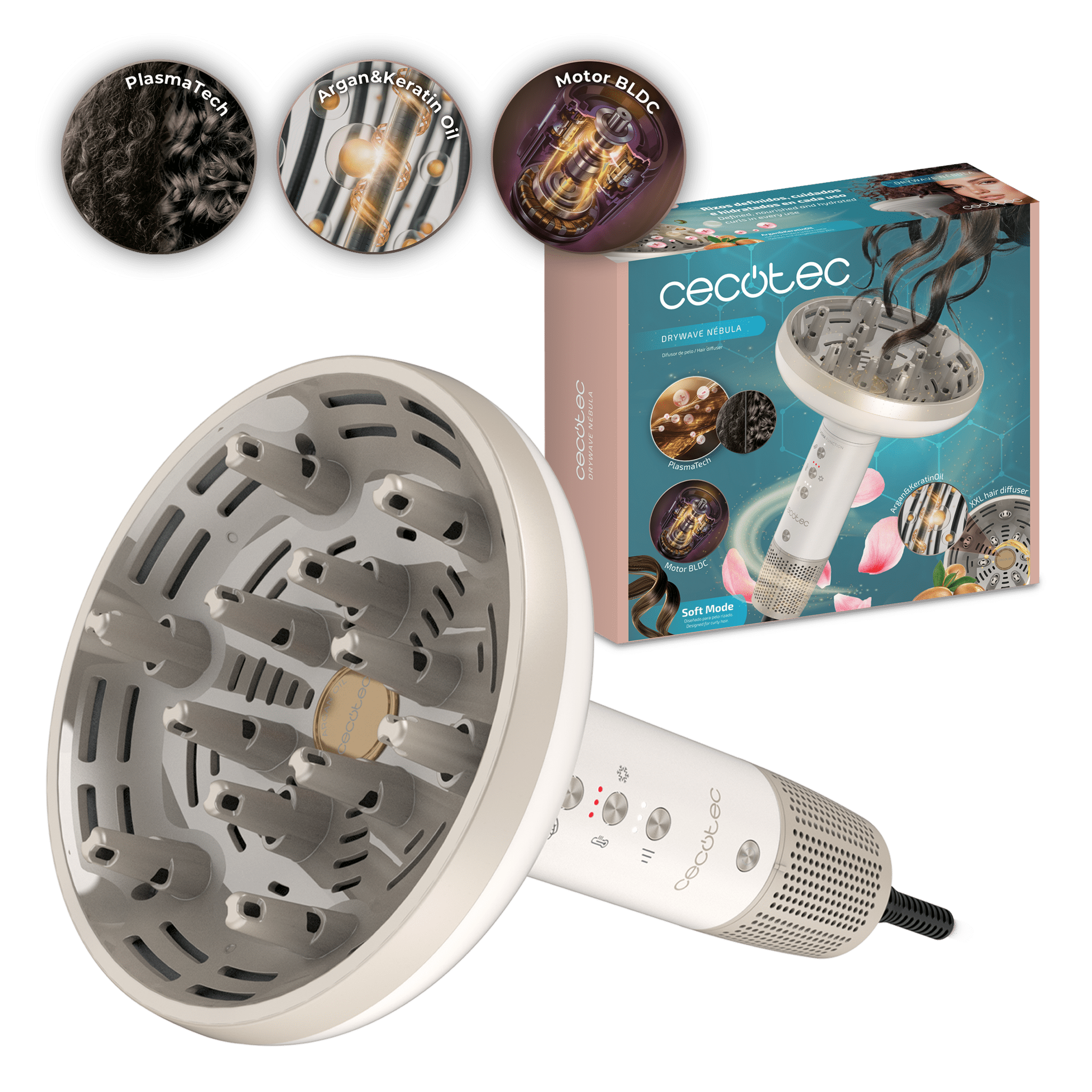 DryWave Nébula Difusor XXL para caracóis definidos com óleo de argão e queratina, PlasmaTech antifrizz, motor BLDC silencioso e potente, modo suave, 3 velocidades e temperaturas, 12 pinos e pega ergonómica