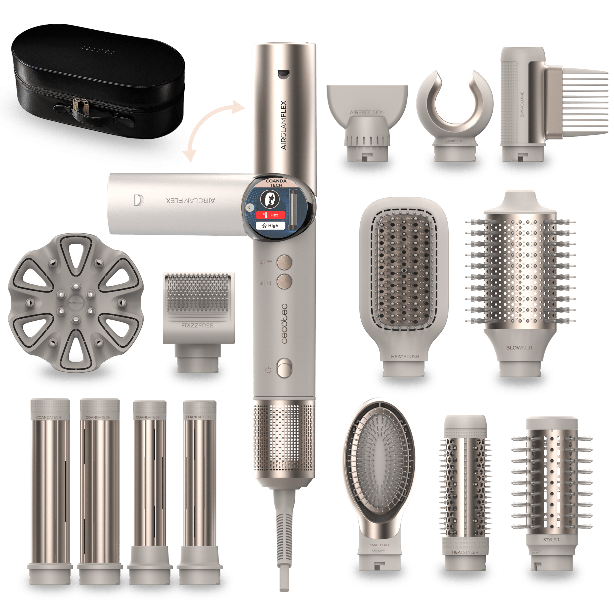 AirGlam 14in1 Flex Champagne Brosse soufflante, avec 14 accessoires, fonction Flex, écran numérique et étui en cuir