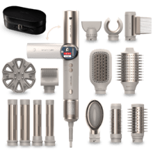 AirGlam 14in1 Flex Champagne Cepillo moldeador, con 14 accesorios, función flex, pantalla digital y estuche de cuero