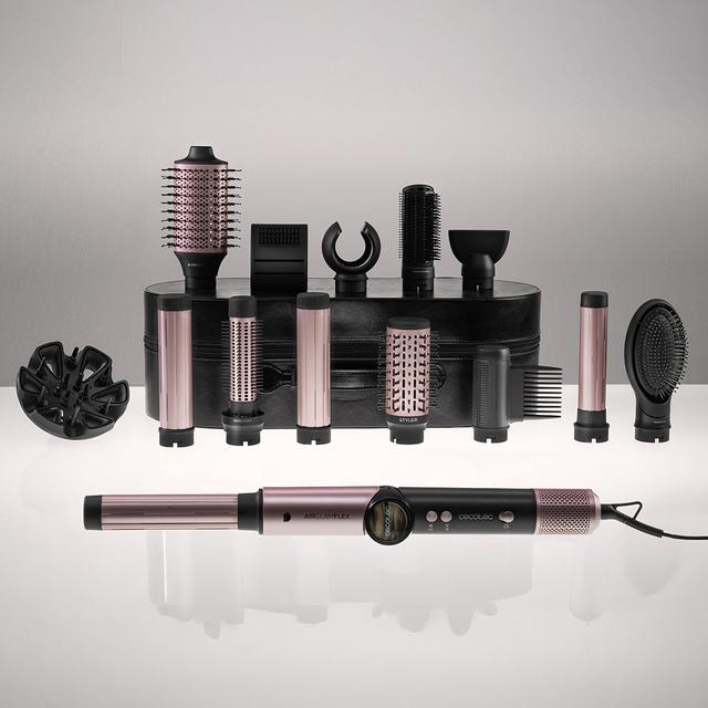 AirGlam 14in1 Flex Champagne Cepillo moldeador, con 14 accesorios, función flex, pantalla digital y estuche de cuero