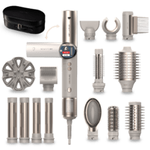 AirGlam 14in1 Flex Champagne Cepillo moldeador, con 14 accesorios, función flex, pantalla digital y estuche de cuero