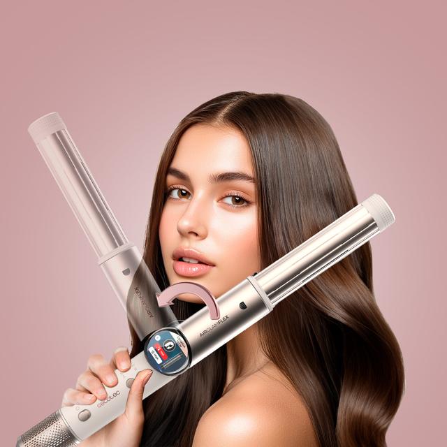 AirGlam 14in1 Flex Champagne Cepillo moldeador, con 14 accesorios, función flex, pantalla digital y estuche de cuero
