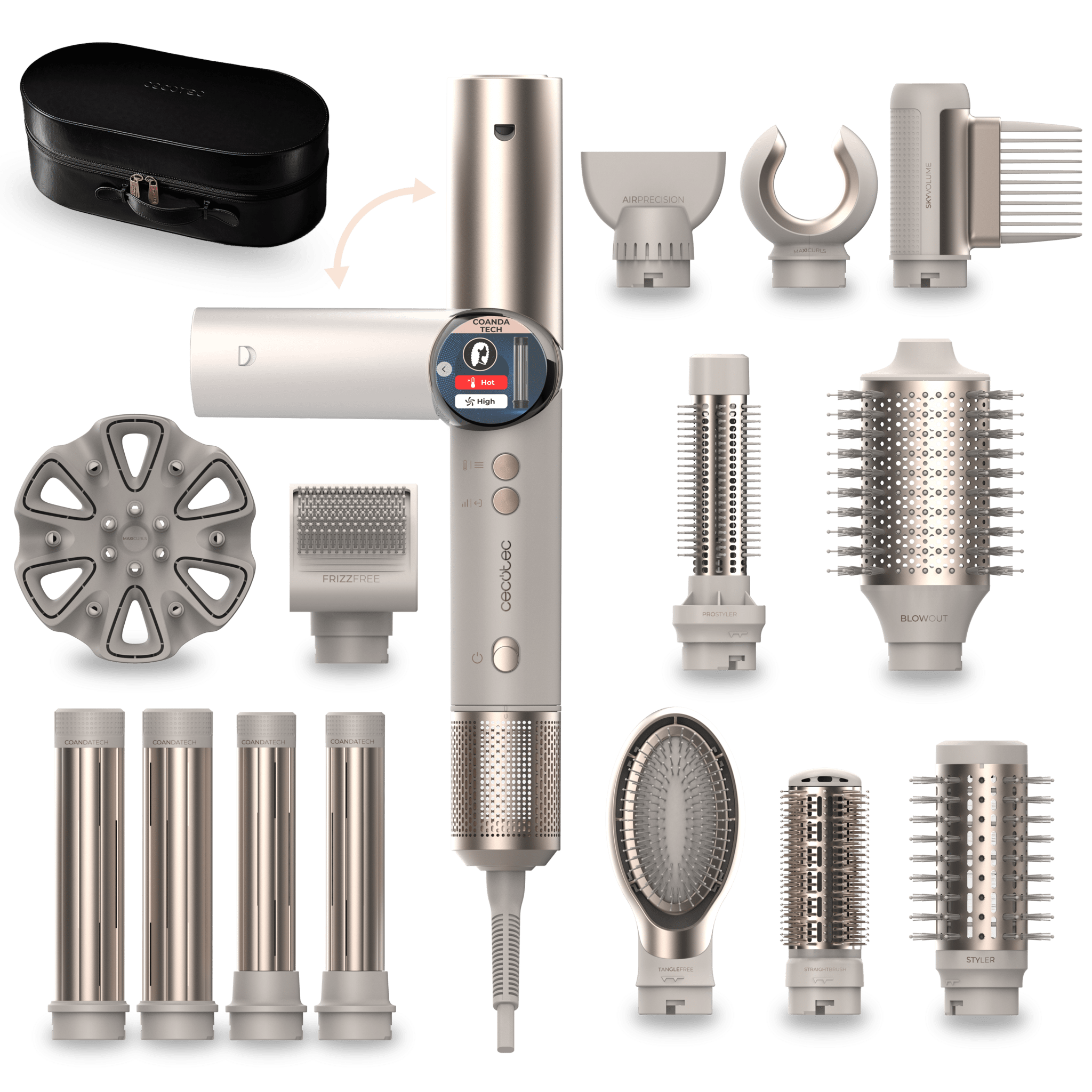 AirGlisse 14in1 Flex Champagne Cepillo moldeador, con 14 accesorios, función flex, pantalla digital y estuche de cuero